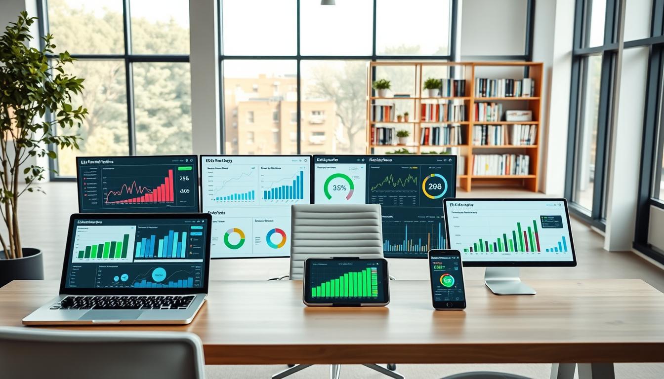 A well-lit, modern office setting with a large desk displaying a range of intuitive ESG performance tracking tools. On the desk, sleek digital dashboards showcase various metrics and visualization charts, allowing for comprehensive monitoring of environmental, social, and governance factors. The foreground features a laptop, tablet, and smartphone, each displaying real-time ESG data analytics. The middle ground includes a minimalist office chair and a bookshelf filled with sustainability-focused publications. The background showcases floor-to-ceiling windows, allowing natural light to filter in and creating a serene, professional atmosphere conducive to data-driven decision-making.