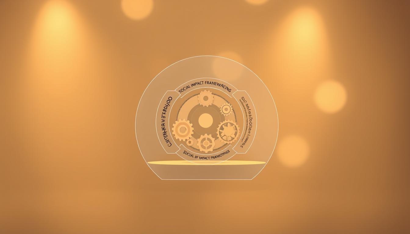 A visually stunning social impact framework, with a sophisticated layered design. In the foreground, a clear and concise visual representation of the core elements, rendered in a clean, minimalist style. The middle ground showcases interconnected gears and cogs, symbolizing the intricate mechanisms that drive social change. In the background, a warm, muted color palette creates a sense of depth and thoughtfulness, while subtle lighting casts a soft, diffused glow, evoking a reflective and impactful atmosphere. The composition is balanced, with a harmonious blend of geometric shapes and organic forms, conveying the delicate balance required for an effective social impact framework.