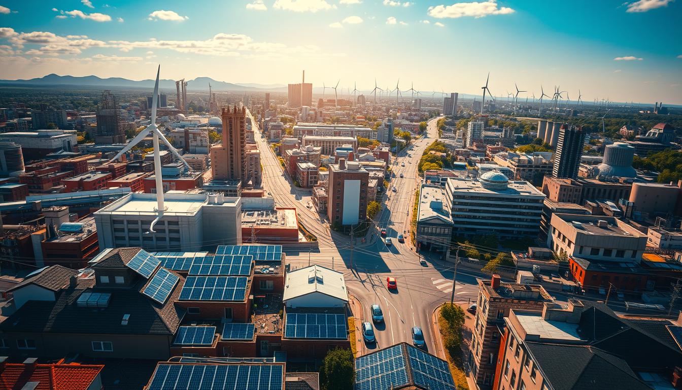 A detailed aerial view of a bustling urban landscape, showcasing the diverse energy infrastructure of the city. In the foreground, solar panels adorn rooftops, wind turbines dot the skyline, and electric vehicles navigate the streets. The middle ground features energy-efficient high-rise buildings, factories, and transportation hubs, all connected by a network of power lines and distribution grids. In the background, the silhouettes of traditional fossil fuel-powered plants fade into the distance, symbolizing the gradual shift towards renewable energy sources. The scene is illuminated by a warm, golden glow, reflecting the progress and optimism of the energy transition. The overall composition conveys a sense of balance, progress, and the integration of sustainable technologies into the urban fabric.