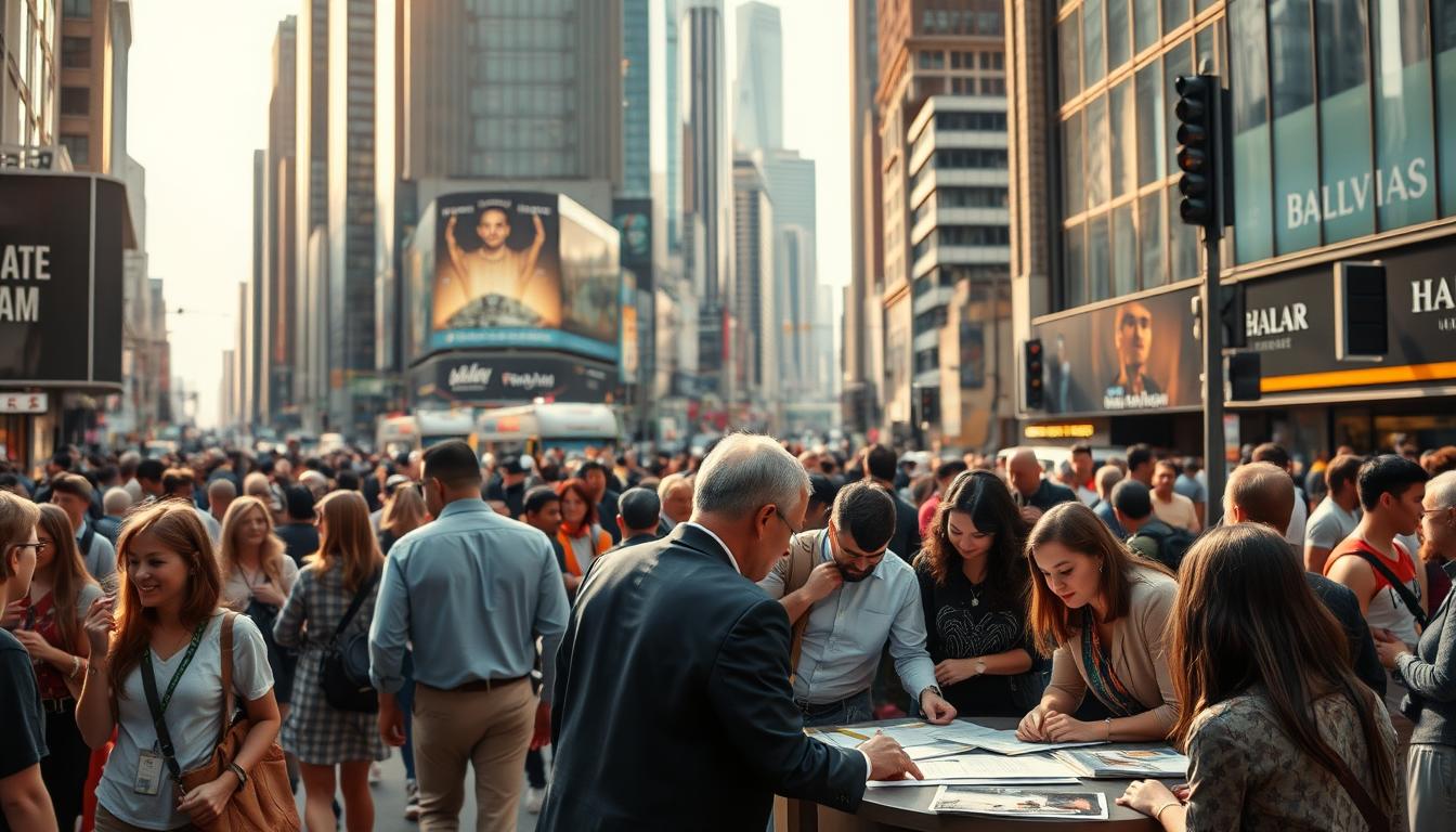 A bustling city street, filled with diverse individuals engaging in various activities. In the foreground, a group of people gathered around a table, poring over documents and discussing intently. Midground, a mix of professional attire and casual wear, reflecting the varied stakeholders involved. In the background, towering skyscrapers and infrastructure, symbolizing the broader societal impact. Warm, natural lighting casts a contemplative mood, as the scene captures the collaborative nature of a social impact assessment process.