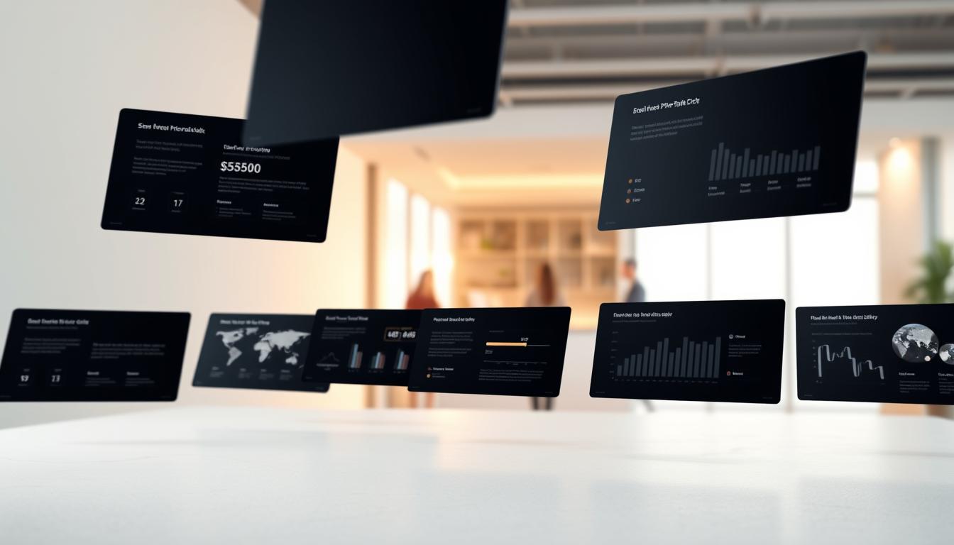 A modern, minimalist pitch deck design, featuring a clean, white background with subtle textures. In the foreground, a series of sleek, black slides hover, each one showcasing key data points and visuals in a clear, concise manner. The middle ground features a warm, dramatic lighting that casts soft shadows, creating depth and dimension. In the background, a blurred cityscape or office environment suggests a professional, impactful setting. The overall mood is one of sophistication, clarity, and a touch of dynamism, perfectly suited to captivate and impress impact investors.