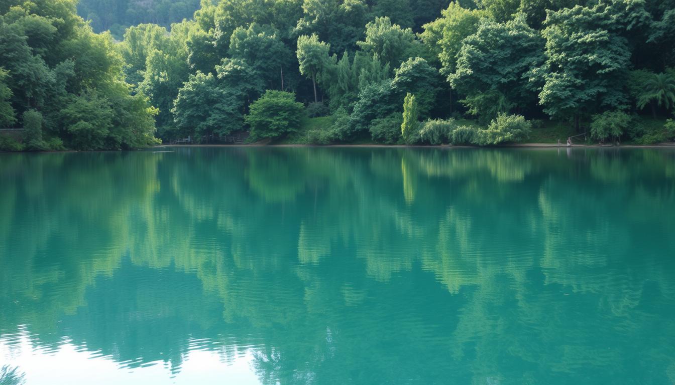 A serene and tranquil scene of a pristine, crystal-clear lake nestled amidst lush, verdant foliage. The still, reflective surface mirrors the surrounding environment, creating a sense of calm and harmony. Soft, diffused lighting bathes the scene, accentuating the natural beauty and inviting the viewer to appreciate the importance of sustainable water usage. The overall composition emphasizes the peaceful coexistence of nature and the human desire to live in harmony with the environment.
