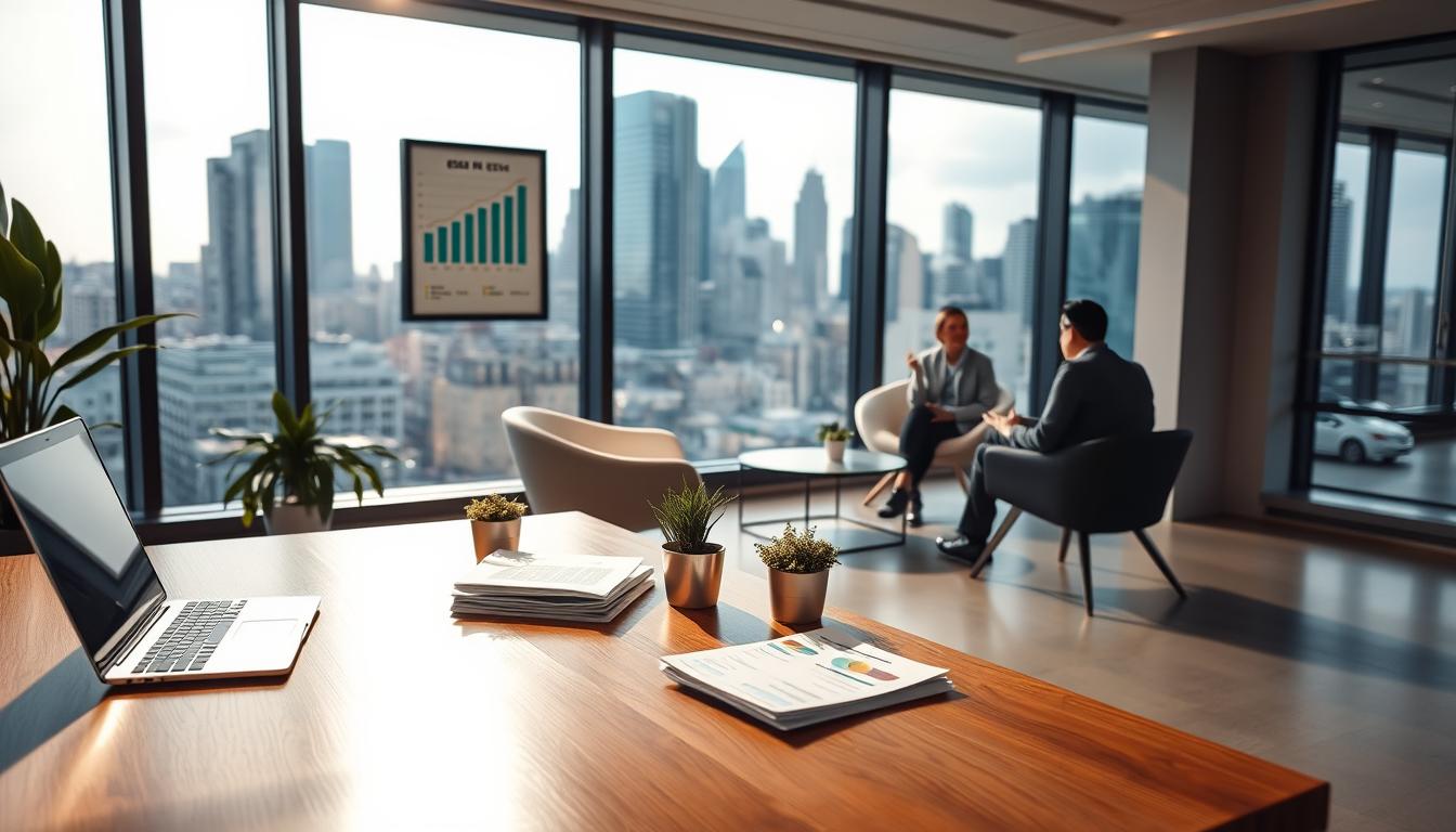 A sleek, modern office space with large windows overlooking a bustling city skyline. In the foreground, a polished wooden desk features a laptop, a few carefully curated plants, and a stack of financial reports. Hanging on the wall behind the desk is a framed graph or chart visualizing ESG (Environmental, Social, and Governance) investment metrics. The lighting is soft and warm, creating a professional yet inviting atmosphere. The middle ground features a comfortable seating area with minimalist chairs and a coffee table, where a financial advisor is engaged in discussion with a client. In the background, the city skyline is visible through the windows, conveying a sense of progress and opportunity. The overall mood is one of thoughtful consideration, responsible investing, and a commitment to sustainable business practices.