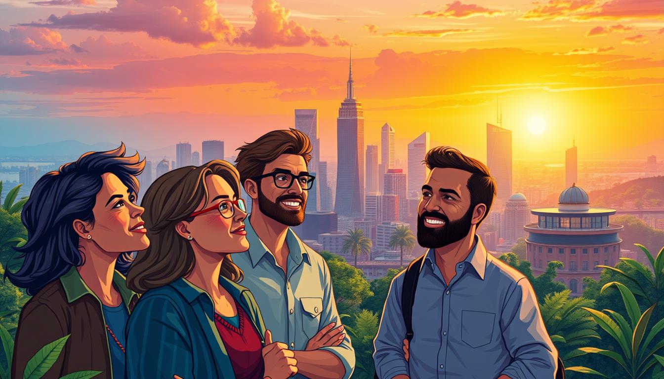 A vibrant illustration depicting various social impact business archetypes. In the foreground, a diverse group of entrepreneurs representing different approaches - a community-focused non-profit, a mission-driven startup, a cooperative enterprise, and a sustainability-oriented small business. They are engaged in animated discussion, their expressions conveying passion and determination. The middle ground showcases a dynamic cityscape, with modern sustainable architecture and lush green spaces, symbolizing the real-world impact of these innovative companies. In the background, a glowing sunset casts a warm, inspirational glow, evoking a sense of hope and progress. Rendered in a vivid, painterly style with a cinematic depth of field, the image captures the spirit of social entrepreneurship and the transformative power of mission-driven businesses.