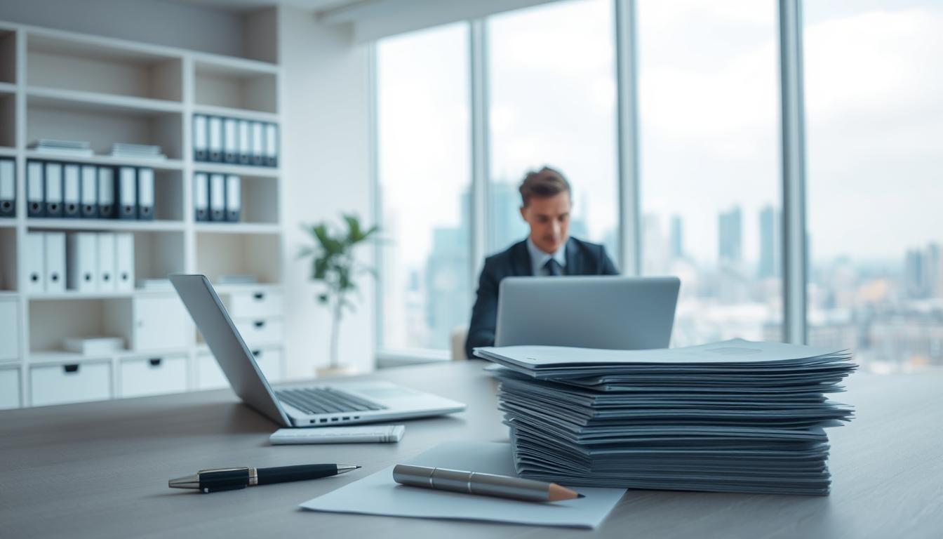 A modern, minimalist office interior with a clean, bright atmosphere. In the foreground, a desk with a laptop, pen, and a stack of documents symbolizing the grant application process. In the middle ground, a person in business attire sitting at the desk, focused on the documents. The background features shelves with organization binders and a large window overlooking a cityscape, conveying a sense of professionalism and productivity. Soft, diffused lighting creates a calm, welcoming ambiance. The overall scene suggests a methodical, organized approach to the grant application process.