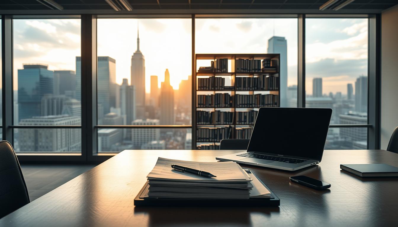 A well-lit office interior, with a large desk in the foreground. On the desk, a laptop computer, a stack of papers, and a pen. In the middle ground, a bookshelf filled with reference materials. The background features large windows overlooking a bustling city skyline, with a warm, golden-hour glow filtering in. The overall atmosphere conveys a sense of diligence, professionalism, and attention to detail, as the subject of "reporting" is being carefully considered and documented.