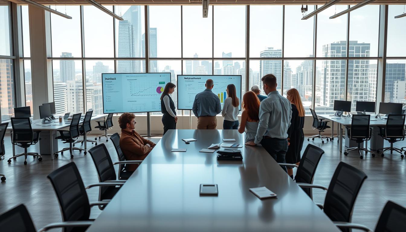 A serene, modern office interior with an expansive light-filled workspace. In the foreground, a team of professionals gather around a sleek conference table, intently studying impact measurement frameworks and dashboards displayed on a large digital screen. The middle ground features ergonomic desks and chairs, with computers and notes scattered across the surfaces, conveying a sense of active collaboration. The background showcases floor-to-ceiling windows overlooking a vibrant cityscape, bathing the room in a warm, natural light. The overall atmosphere is one of focused, productive energy, reflecting the dedicated efforts to track and optimize social impact.