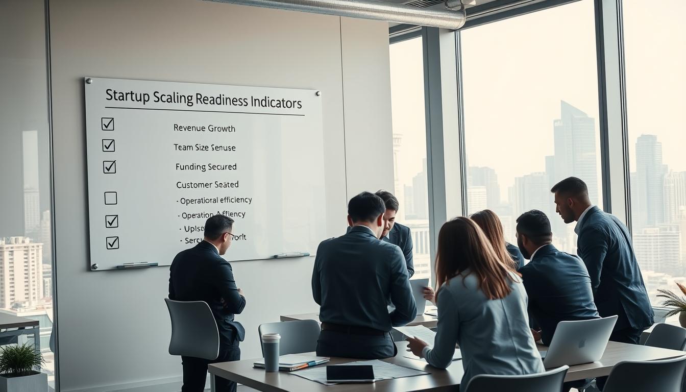 A sleek modern office interior, with a large whiteboard on the wall displaying a checklist of "Startup Scaling Readiness Indicators" - metrics like revenue growth, team size, funding secured, customer base, and operational efficiency. The lighting is bright and natural, with large windows overlooking a bustling city skyline. In the foreground, a team of entrepreneurs huddle around a table, studying reports and discussing their startup's progress. The atmosphere is one of focused determination, as they assess their company's preparedness to transition into a high-growth phase.
