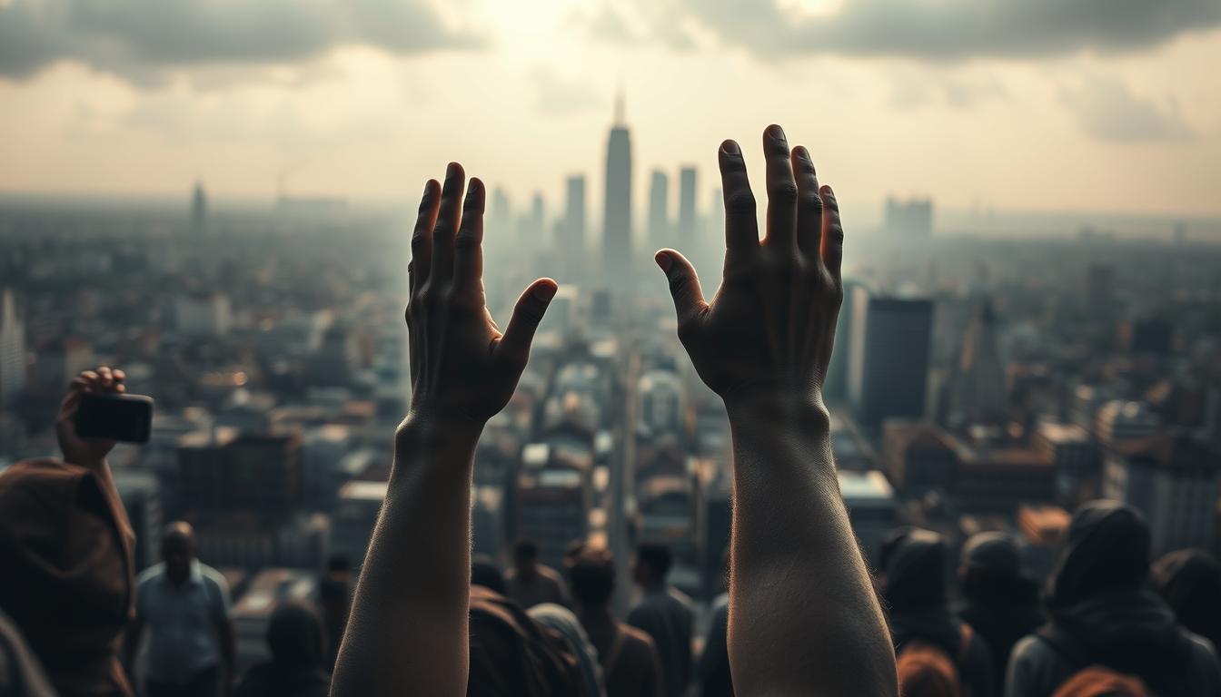 Compelling need statement: A thought-provoking image showcasing the urgency and importance of addressing a critical social issue. In the foreground, a hands-reaching-up motif symbolizes the desperate plea for help. The middle ground features a bustling urban landscape, conveying the scale and complexity of the problem. In the background, a muted, somber color palette and shadowy figures suggest the gravity and pervasiveness of the unmet need. Dramatic low-angle lighting casts long shadows, heightening the sense of gravity. The overall composition and mood evoke a sense of unease and a call to action, compellingly illustrating the rationale for a social change grant proposal.