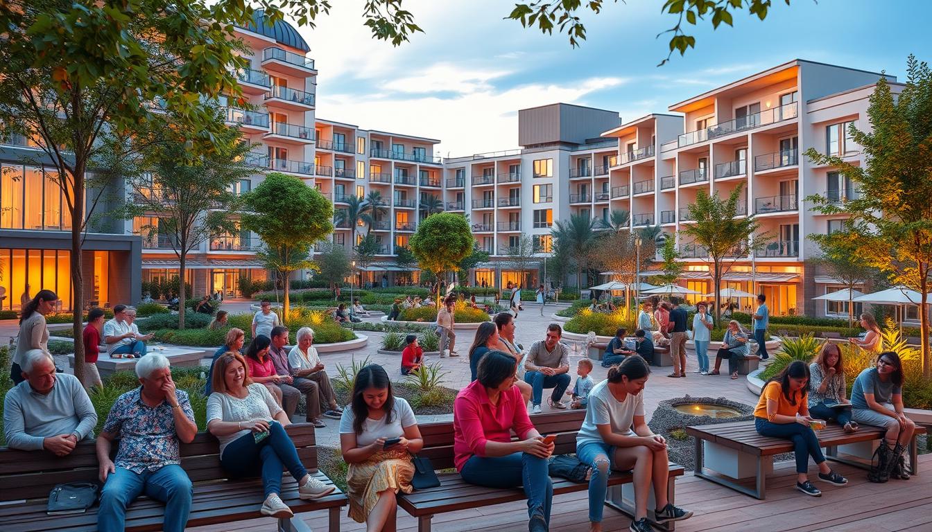 A vibrant community of residents enjoying a sustainable habitat, with a focus on user satisfaction. In the foreground, a group of diverse individuals engaged in various leisure activities - some relaxing on benches, others playing games or socializing. The middle ground features well-designed public spaces, including lush greenery, water features, and comfortable seating areas that promote social interaction. In the background, energy-efficient buildings with ample natural lighting and integrated smart technologies create a visually harmonious and functional environment. The lighting is warm and inviting, casting a soft glow over the scene, and the overall atmosphere conveys a sense of contentment, health, and community belonging.