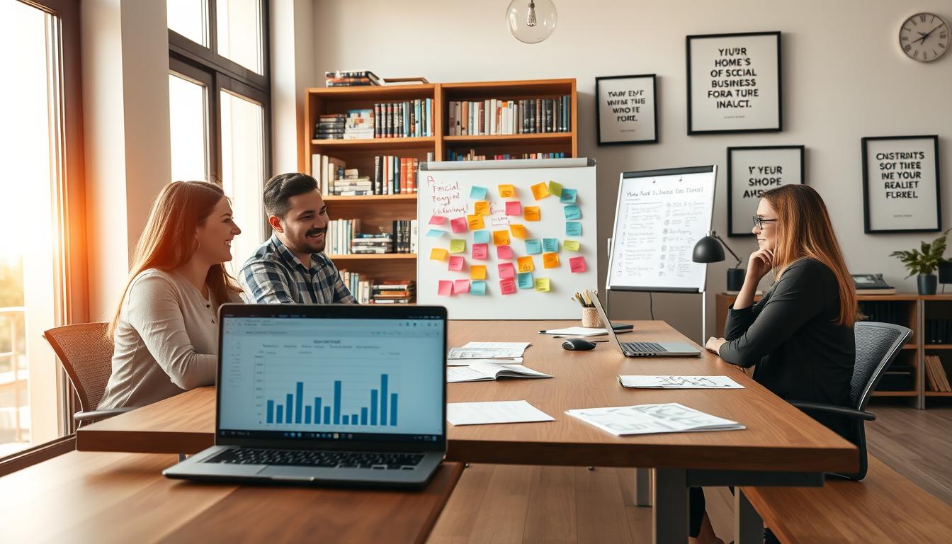 A well-lit office setting with a team of social business founders gathered around a conference table, discussing financial projections and investment strategies. In the foreground, a laptop displays a detailed budget spreadsheet, while team members intently review the figures. The middle ground features a whiteboard with colorful sticky notes outlining key milestones and growth targets. Warm, natural lighting filters through large windows, creating a thoughtful, collaborative atmosphere. The background showcases shelves of business books and framed inspirational quotes, reinforcing the venture's commitment to social impact. The overall scene conveys a sense of intentional planning, financial responsibility, and a shared vision for the social business's long-term sustainability.