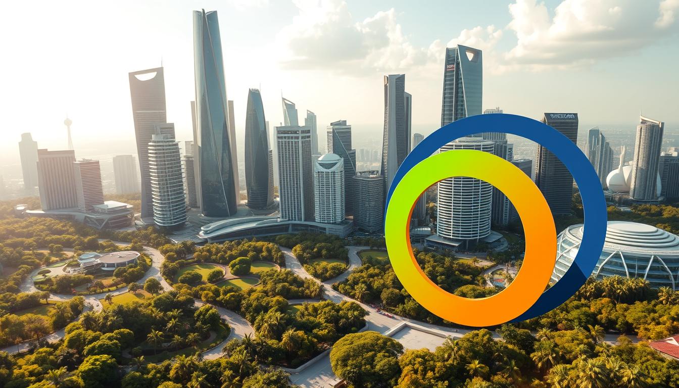 A sleek, futuristic cityscape with towering skyscrapers made of gleaming steel and glass, surrounded by lush, verdant gardens and parks. In the foreground, a series of interlocking circular shapes in vibrant shades of blue, green, and orange, representing the interconnected cycles of a thriving circular economy. The scene is bathed in warm, golden light, creating a sense of optimism and progress. The camera angle is slightly elevated, providing a panoramic view of this sustainable urban landscape, where waste is minimized, and resources are continuously reused and repurposed.