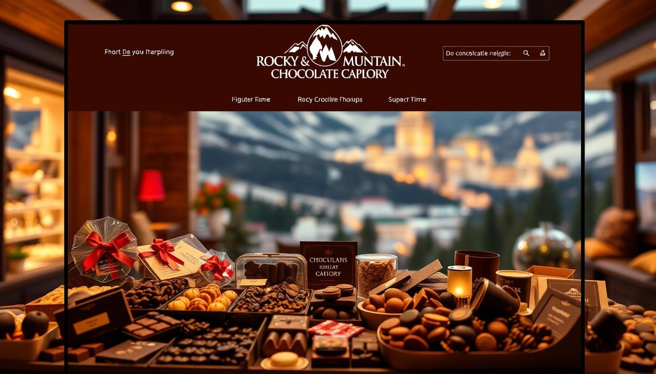 A sleek, modern online shopping interface with a stylized &quot;Rocky Mountain Chocolate Factory&quot; logo prominently displayed. In the foreground, an array of chocolate-themed products are neatly arranged, their rich colors and textures inviting the viewer to explore. The middle ground features a seamless, intuitive navigation menu, guiding the user through a delightful shopping experience. In the background, a warm, soft-focus cityscape evokes the cozy, alpine setting of the Rocky Mountains, hinting at the brand's heritage. Soft, natural lighting casts a gentle glow, creating a sense of comfort and indulgence. The overall composition conveys the ease and convenience of online shopping for the iconic Rocky Mountain Chocolate Factory.