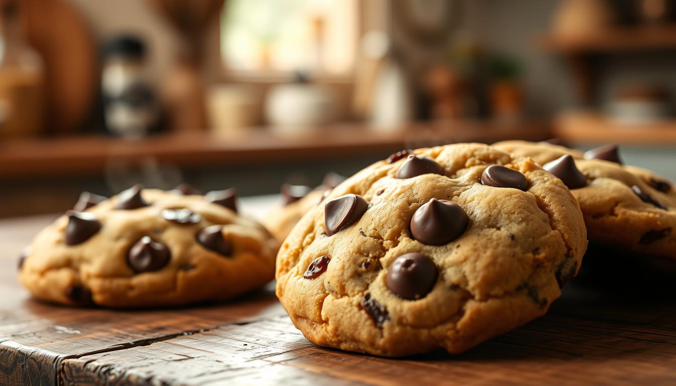 Freshly baked chewy chocolate chip cookies, glistening with melted chocolate chips, sitting on a rustic wooden table. The cookies are slightly golden-brown on the edges, with a soft, pillowy center. Warm steam rises from the cookies, hinting at their just-out-of-the-oven freshness. Shallow depth of field, with the cookies in sharp focus and a blurred background of a cozy kitchen. Soft, warm lighting illuminates the scene, casting gentle shadows and highlighting the glossy chocolate chips. The overall mood is inviting, comforting, and mouthwatering, perfectly capturing the &quot;Secrets to Chewy Chocolate Chip Cookies&quot; section of the article.