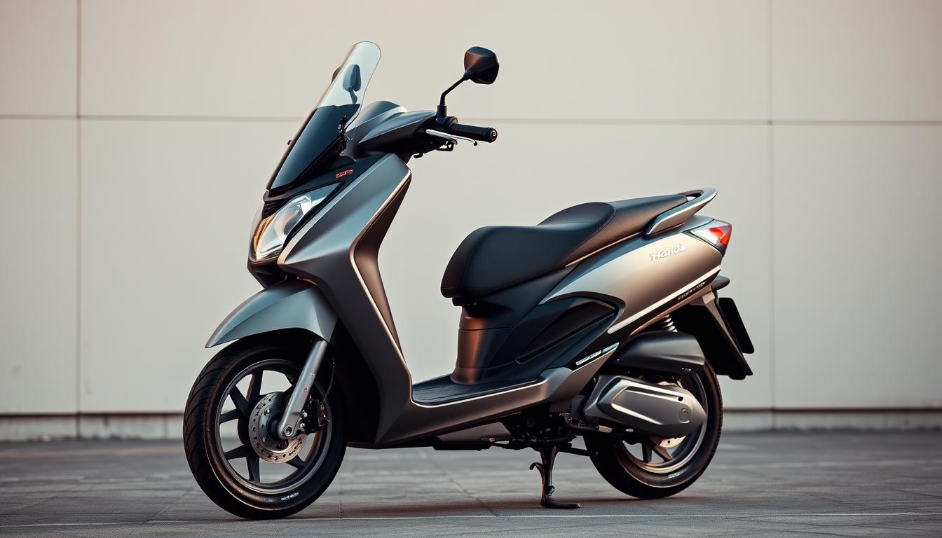 A sleek and modern Honda Activa7G scooter, captured in a dynamic three-quarter angle view. The scooter is showcased against a backdrop of a minimalist urban setting, with clean lines and muted tones that highlight the evolution of the iconic Activa design. The front view features the distinctive Activa headlamp and windshield, while the side profile reveals the sculpted body panels and smooth, flowing lines. The scooter is illuminated by a warm, soft lighting that casts subtle shadows, emphasizing the attention to detail and the premium finish. The overall composition creates a sense of progression and refinement, reflecting the incremental improvements that have defined the Activa's legacy over the years.