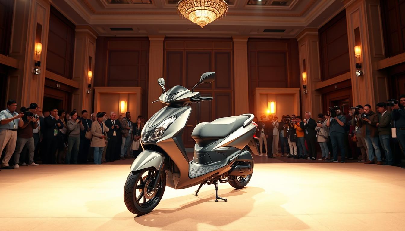 A grand event hall, its stage bathed in warm, professional lighting. The new Honda Activa7G2025 takes center stage, its sleek, modern design gleaming under the spotlights. Gathered journalists and industry insiders lean in, eager to capture every detail of this highly anticipated unveiling. In the background, the venue's elegant architectural features provide a sophisticated backdrop, complementing the vehicle's refined aesthetic. The atmosphere is one of anticipation and excitement, as the latest evolution of the iconic Activa scooter is presented to the world.