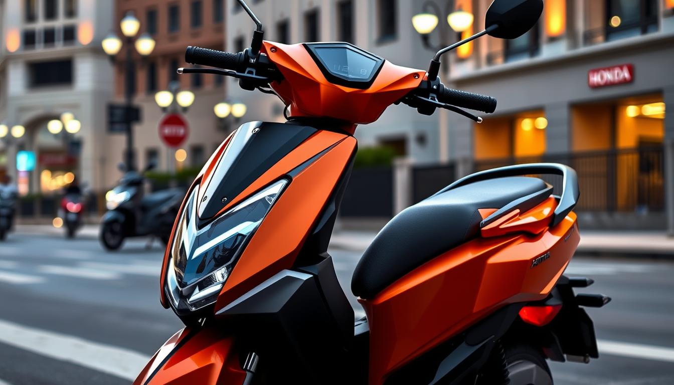A sleek and modern Honda Activa7G2025 parked on a city street, with a stylish and dynamic design. The scooter's body features a bold, angular silhouette with sharp creases and a streamlined profile. The front section showcases a distinctive LED headlight assembly and a sculpted fender. The handlebars are ergonomically designed, and the digital instrument cluster displays vital information. The rear section has a sculpted taillight and a well-integrated grab handle. The scooter is bathed in a vibrant, eye-catching color scheme that reflects the progressive nature of the 2025 model. The scene is captured with a medium-wide angle lens, showcasing the Activa7G2025's sleek presence against an urban backdrop of buildings and street lamps.