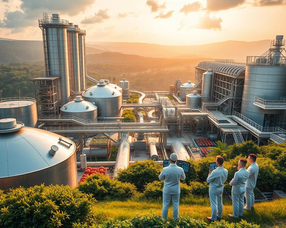 A sprawling, ultramodern food processing plant nestled in a verdant landscape, powered by cutting-edge ProNano technology. Sleek, curved structures in shimmering silver and glass, bathed in warm, natural lighting. Automated robotic arms and conveyor belts efficiently process a cornucopia of fresh produce. Towering silos and cooling towers punctuate the skyline, while a network of pipelines and ducts crisscross the facility, ensuring optimal temperature and humidity control. In the foreground, a group of engineers in crisp, white uniforms examine schematics on state-of-the-art touchscreen displays, overseeing the plant's seamless operation. An aura of innovation and sustainability permeates the scene, showcasing the future of high-tech, eco-friendly food processing.
