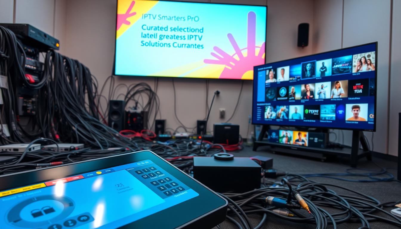 A high-tech control panel with an intuitive interface dominates the foreground, showcasing the IPTV SMARTERS PRO application. The middle ground features a sprawling network of cables and devices, hinting at the complex infrastructure behind IPTV services. In the background, a large projection screen displays a curated selection of the latest and greatest IPTV playlists for 2025, providing a glimpse into the future of home entertainment. Vibrant colors, clean lines, and a sense of technological prowess create an atmosphere of efficiency and innovation, reflecting the "Dépannage et Solutions Courantes" theme.