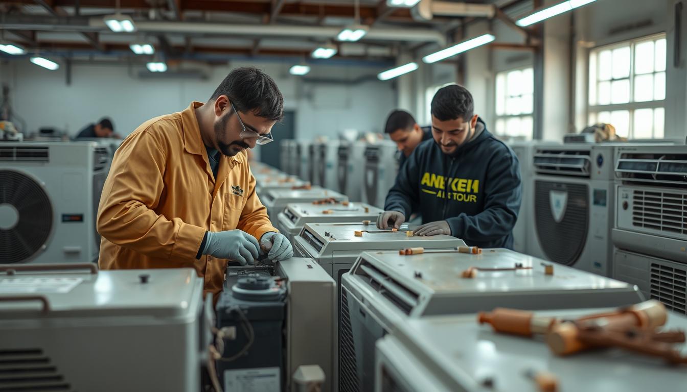 A team of experienced technicians meticulously evaluating used air conditioners for شركة إكو كول in Riyadh. They're methodically inspecting components, checking efficiency, and testing functionality to ensure quality and reliability for their customers. The scene is set in a well-lit, organized workshop, with the technicians wearing protective gear and utilizing specialized tools. The overall atmosphere conveys professionalism, attention to detail, and a commitment to providing the best pre-owned AC units to the local community.