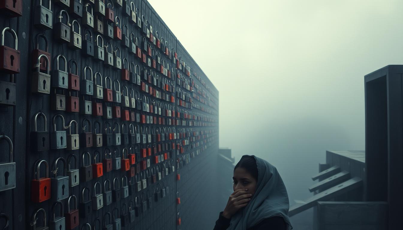 A vast digital divide, a chasm of inequality, where some grasp the power of AI, while others remain left behind. In the foreground, a towering wall of locked doors, each representing a crucial AI tool - inaccessible to the masses. The middle ground depicts individuals, their faces etched with frustration, yearning to cross this technological barrier. The background fades into a hazy, dystopian landscape, a stark contrast to the promise of AI-driven progress. Dim lighting casts an ominous tone, underscoring the systemic challenges of equitable access. This image conveys the urgent need to bridge the digital divide, ensuring that the transformative potential of AI is within reach for all.