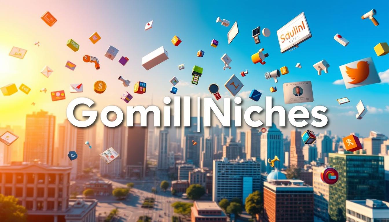 A vibrant and dynamic scene depicting lucrative niches, showcasing the Gomil Digital brand. In the foreground, a diverse array of digital products and services float, each representing a potentially profitable opportunity. The middle ground features a stylized cityscape, with skyscrapers and bustling streets, symbolizing the urban landscape where these niches thrive. In the background, a warm, golden light bathes the scene, creating a sense of prosperity and opportunity. The overall composition conveys the idea of finding and capitalizing on lucrative niches, with the Gomil Digital brand prominently displayed as a trusted guide in this endeavor.