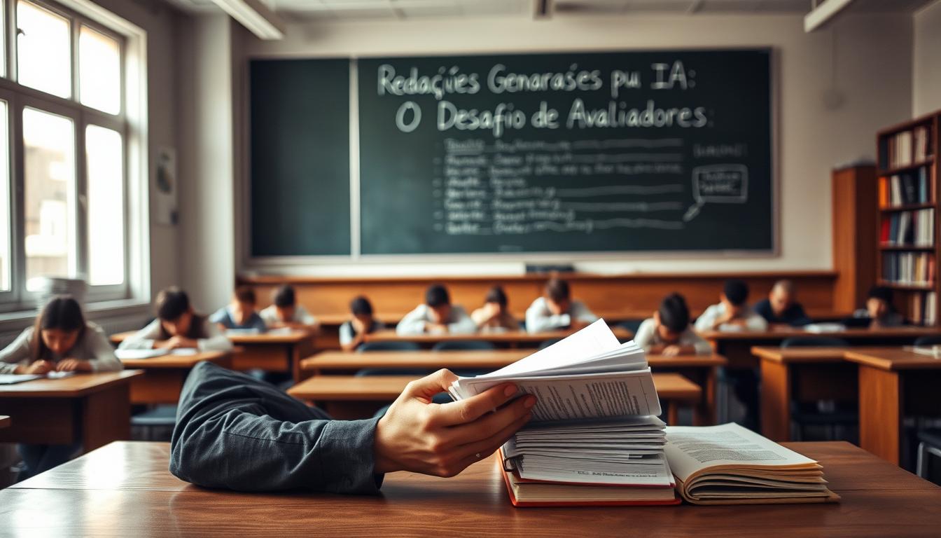 A classroom setting, with a teacher's desk in the foreground and students' desks arranged in rows behind it. The teacher is carefully examining a stack of handwritten essays, their brow furrowed in concentration. The lighting is soft and natural, filtering in through large windows on the left side of the frame. The walls are lined with shelves of books, giving the scene an academic atmosphere. In the background, a chalkboard displays the title "Redações Geradas por IA: O Desafio dos Avaliadores", underscoring the focus on AI-generated essays and the challenges faced by graders. The overall mood is one of thoughtful contemplation, as the teacher grapples with the task of evaluating the written work before them.