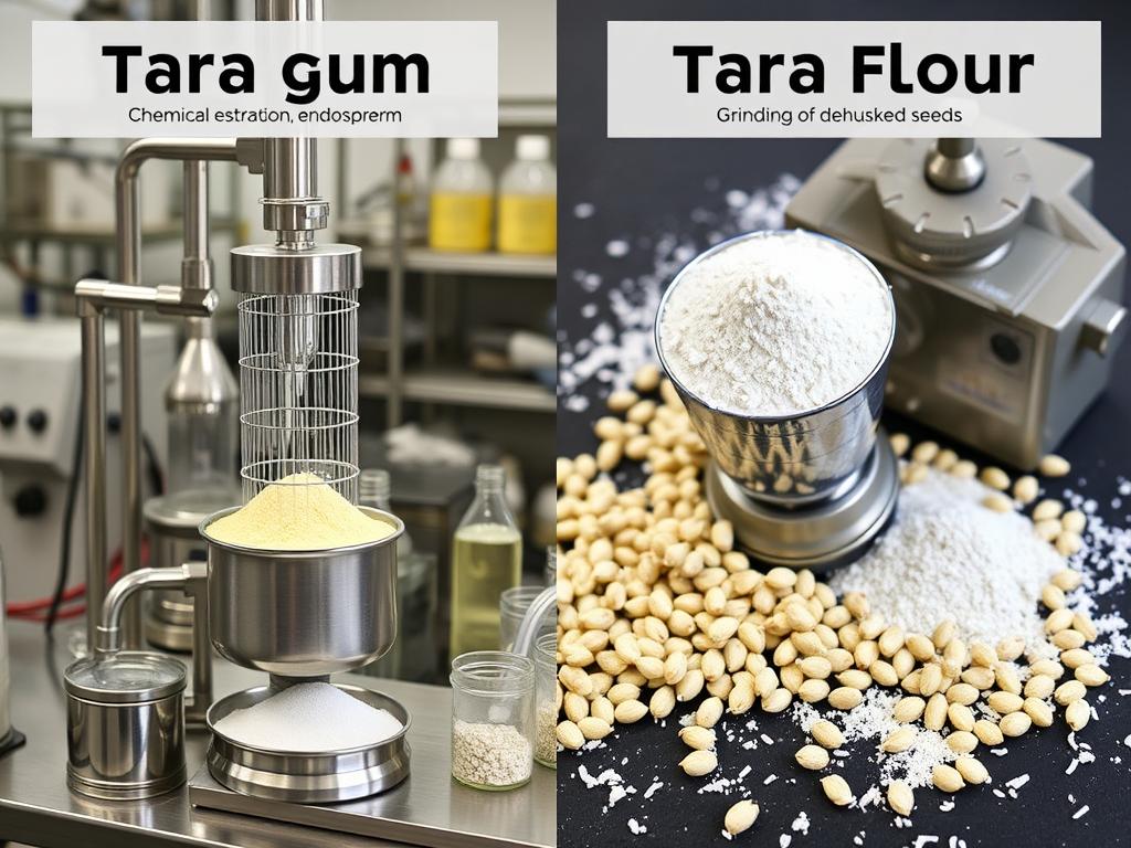 Side-by-side comparison of tara gum vs tara flour production processes showing the different extraction methods