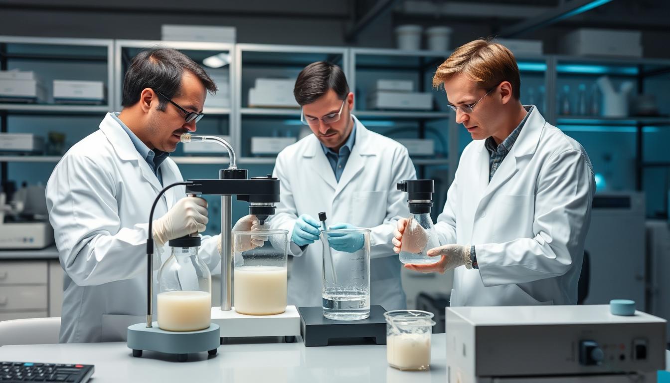 Laboratory testing of modified pregel starch showing viscosity measurement and texture analysis