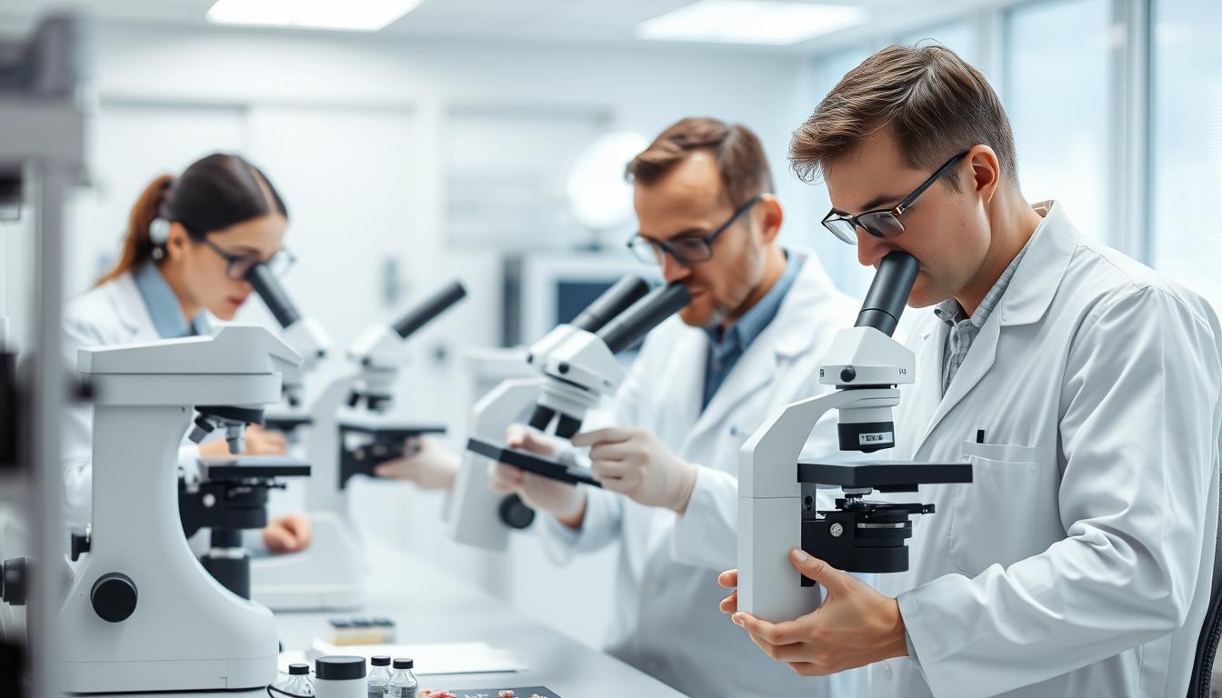 Scientists in a laboratory analyzing liver tissue samples in a study on inulin's protective effects