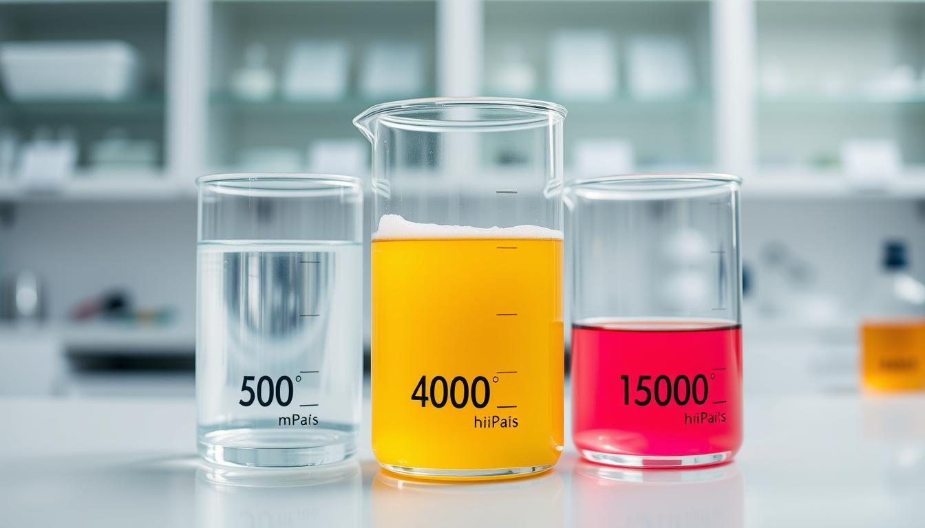 Different viscosity grades of HPMC Hypromellose solutions showing increasing thickness