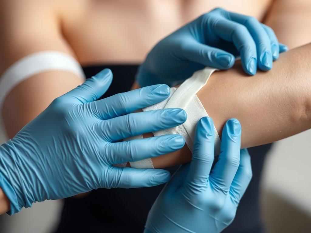 Hands applying wet plaster bandages to a model's arm
