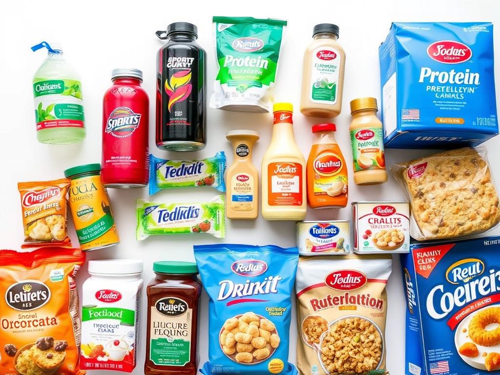 Various processed foods containing maltodextrin including sports drinks, snacks, and baked goods