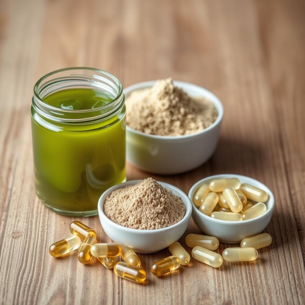 Various forms of sea moss supplements including gel, powder, and capsules on a wooden surface