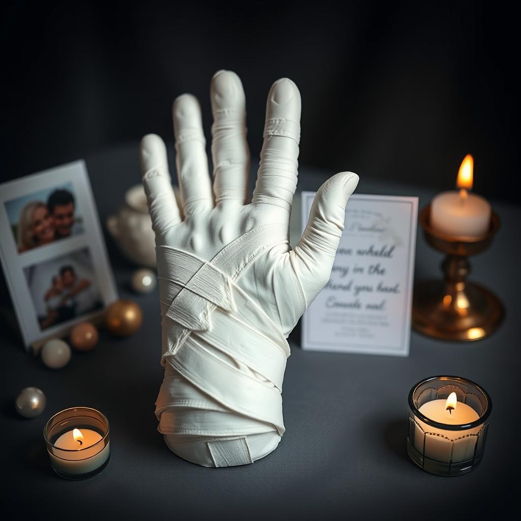 Memorial hand cast with decorative elements made with plaster bandages