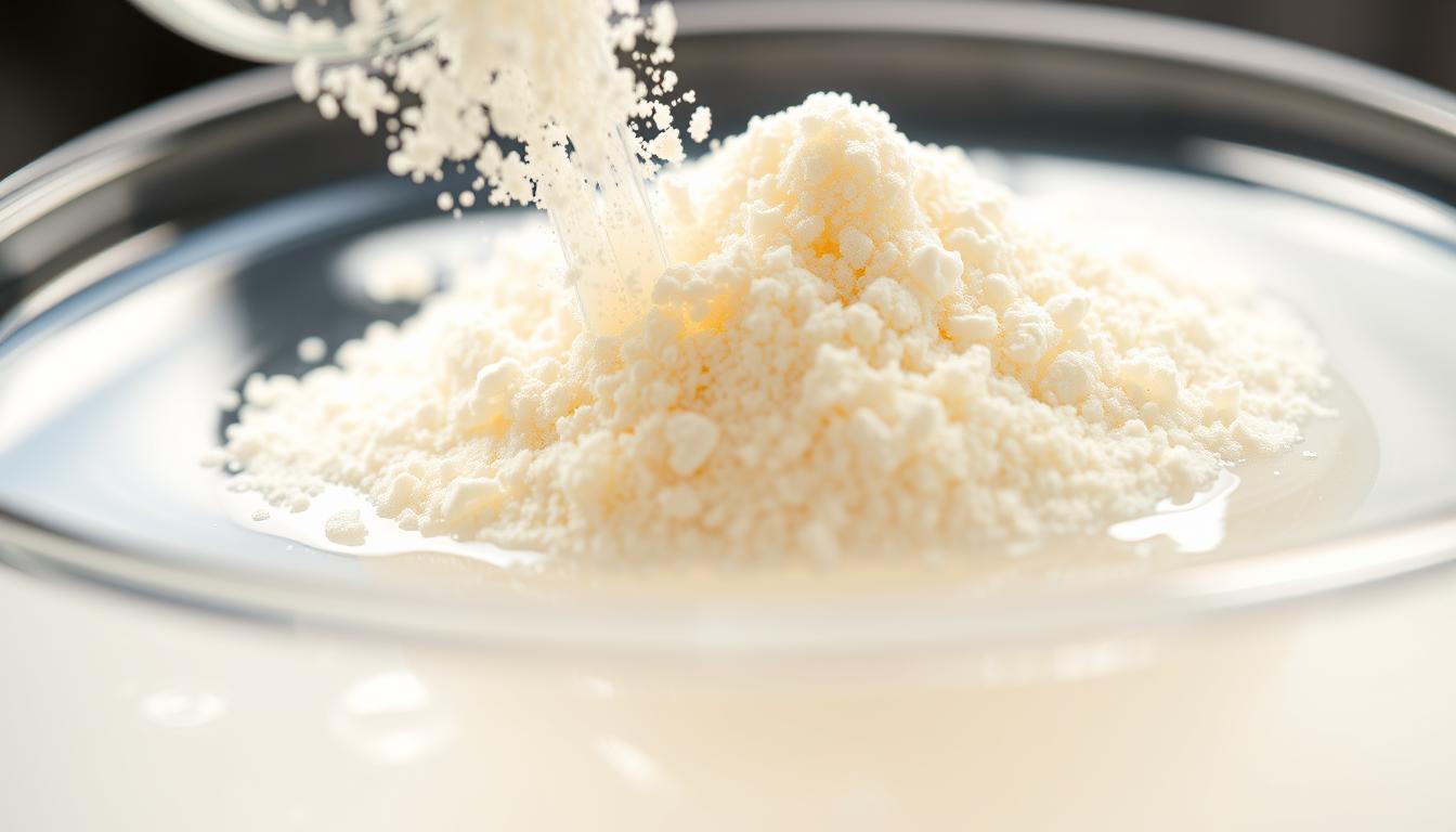 Gum Tragacanth powder dissolving in water to form a gel