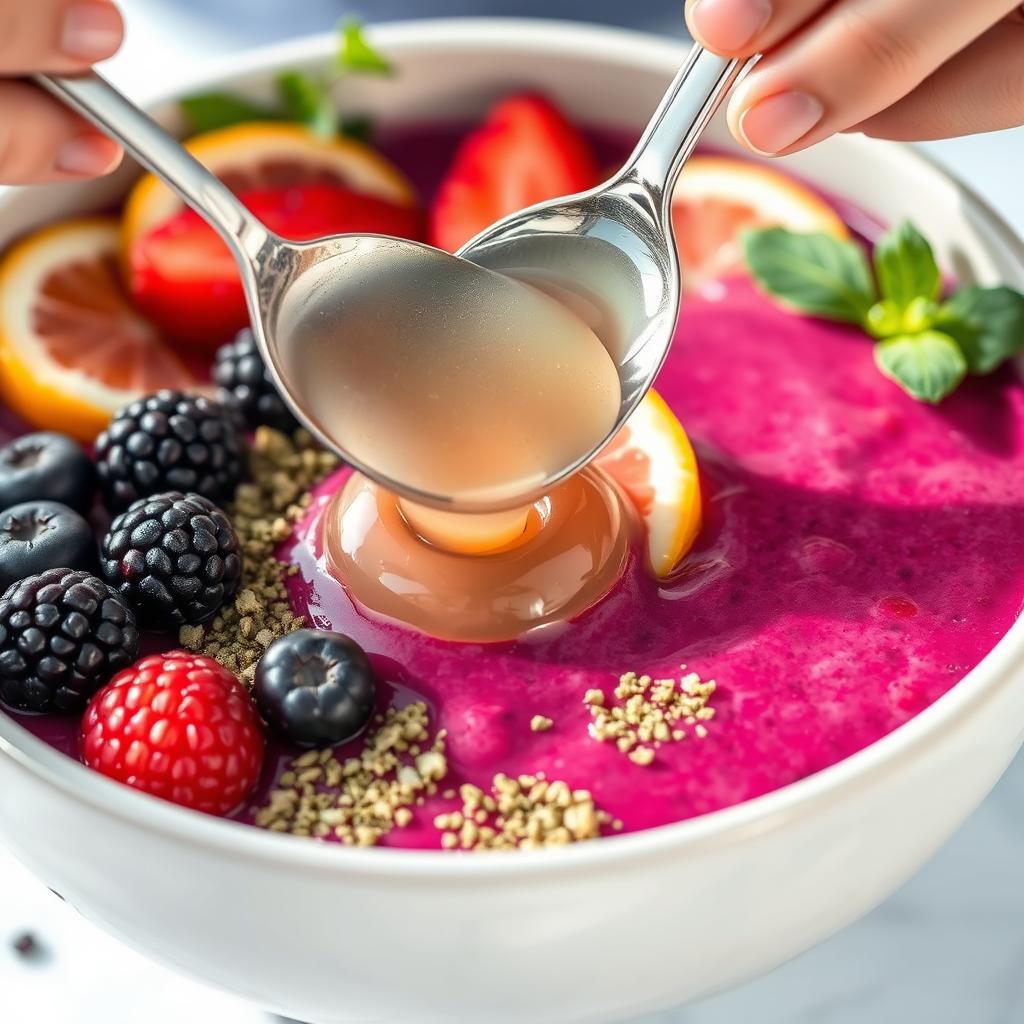 Sea moss gel being added to a smoothie with berries and citrus
