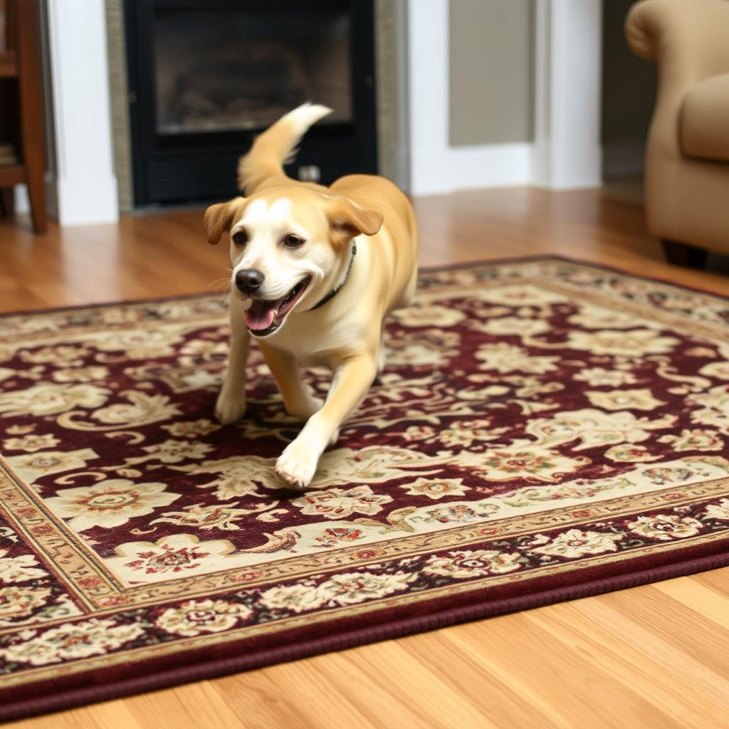 Dog running safely on a rug treated with Inplaise