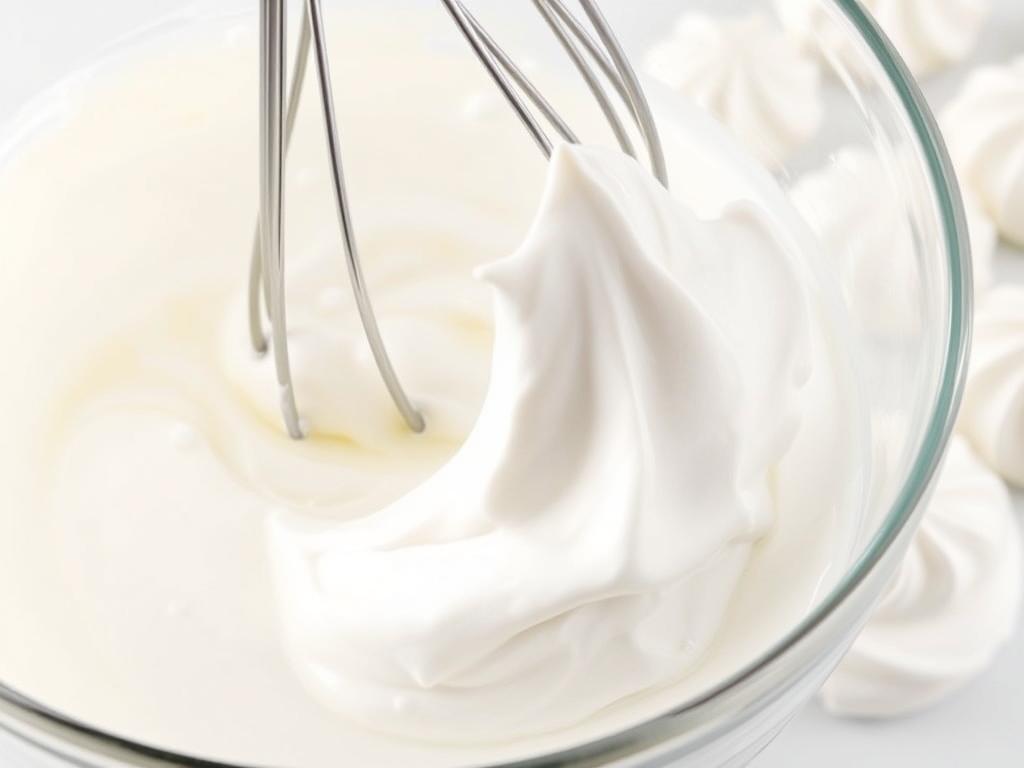 Stiff peaks of aquafaba meringue being whipped in a bowl, demonstrating the science of plant-based egg replacements in food science