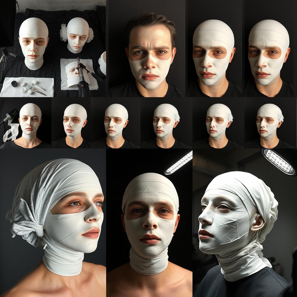 Face casting process with plaster bandages showing application sequence