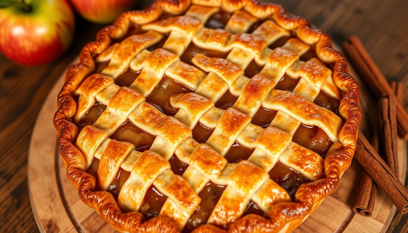 Whole apple pie with perfect golden crust and visible thickened filling