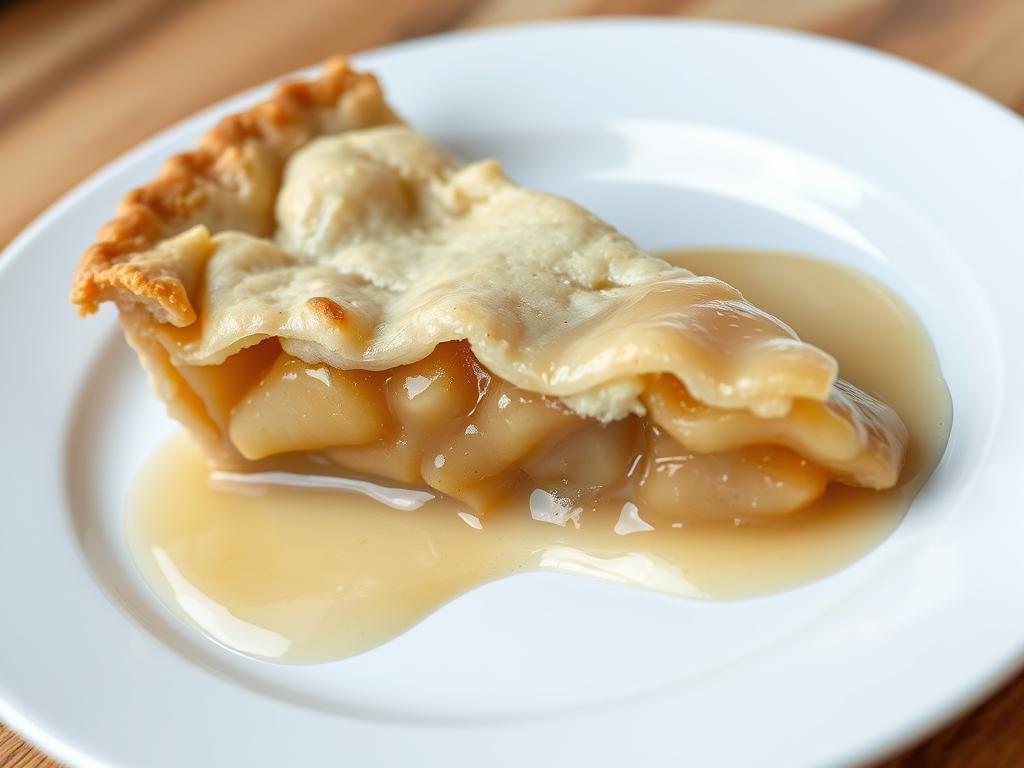 Failed apple pie with runny filling pooling on the plate