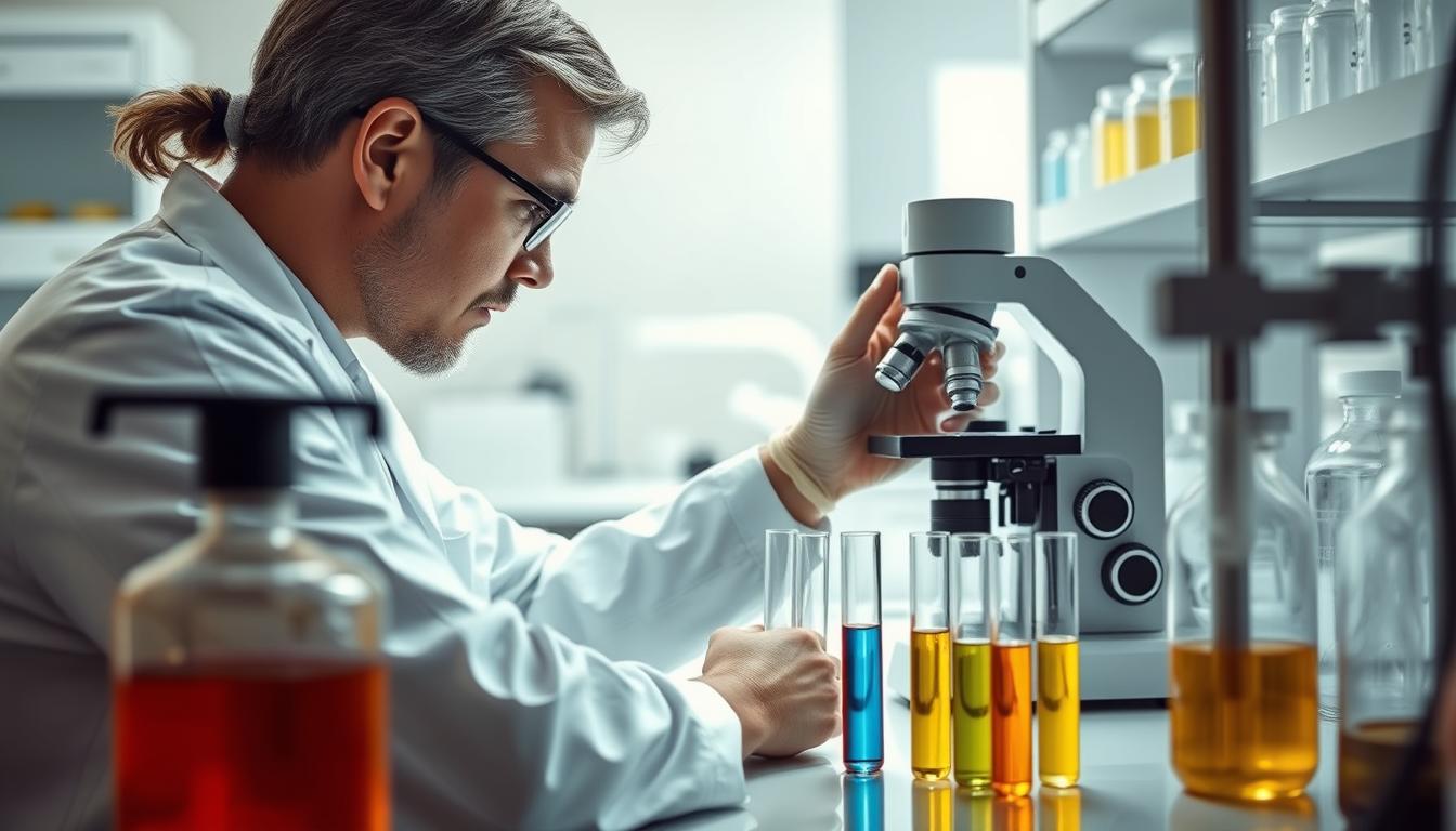 Scientific researcher examining sea moss extract in a laboratory with microscope and test tubes