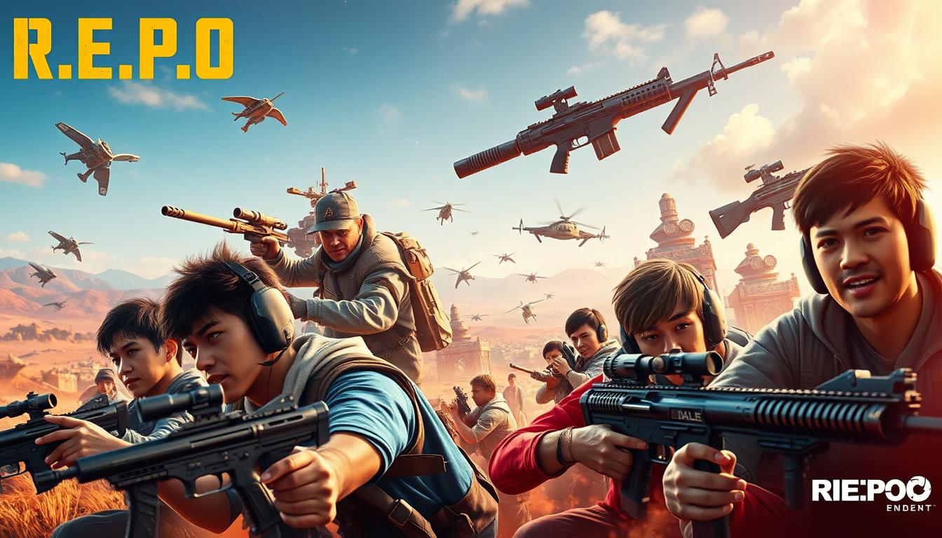 A vibrant and dynamic scene showcasing the latest updates and new content in the thrilling game of R.E.P.O. In the foreground, a group of players immerse themselves in the high-stakes action, their expressions a mix of concentration and exhilaration. The middle ground reveals new weapons, vehicles, and environments, each meticulously detailed and integrated seamlessly into the game's captivating world. The background is a stunning landscape, bathed in a warm, cinematic lighting that enhances the sense of adventure and exploration. The overall composition evokes a sense of energy, progression, and the continuous evolution of this engaging and immersive gaming experience.