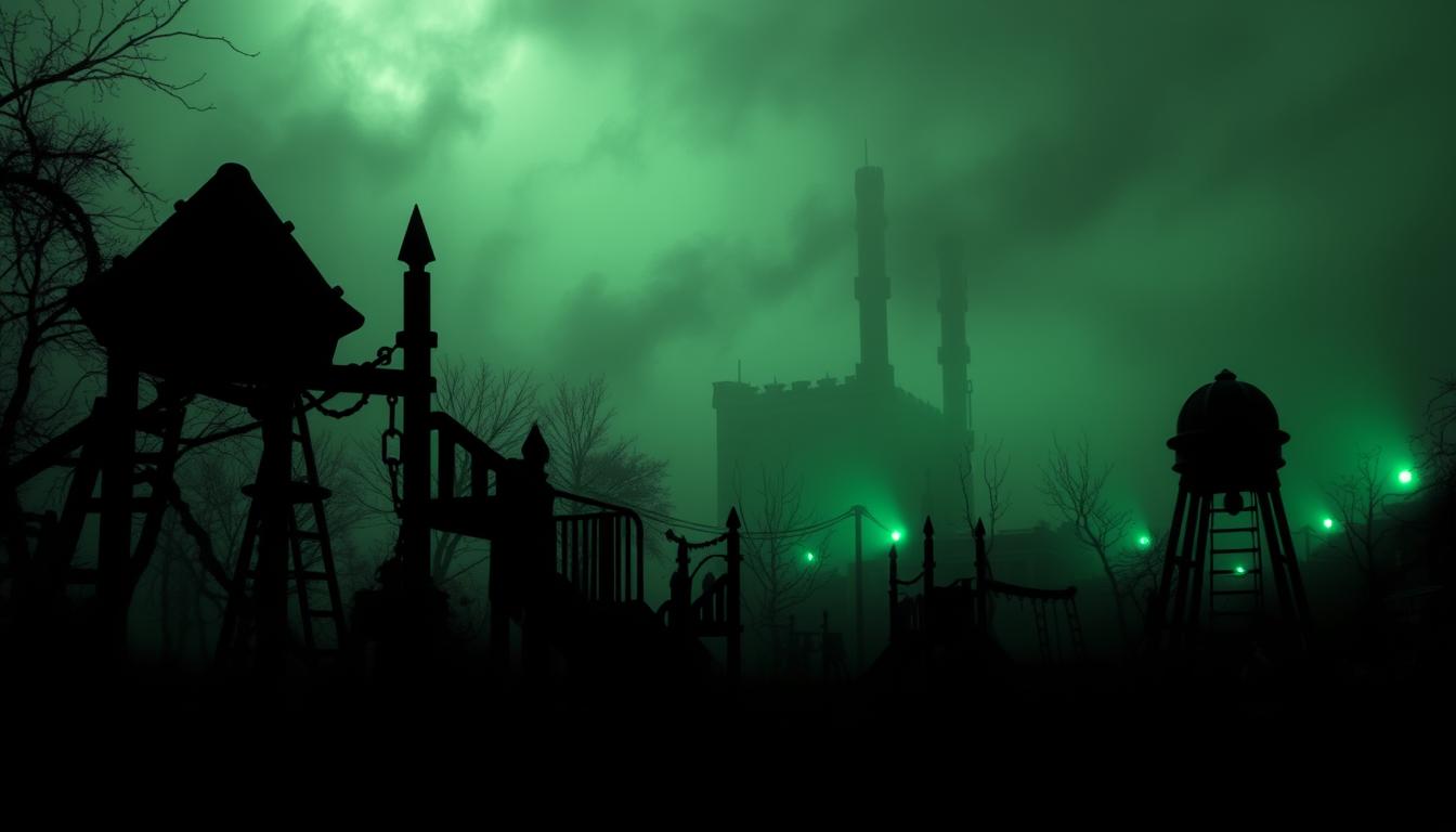 A dark, dystopian playground where childhood games have been twisted into nightmarish death traps. In the foreground, ominous silhouettes of twisted playground equipment loom, their sharp edges and jagged forms casting long shadows across the scene. The middle ground is filled with a hazy, oppressive atmosphere, lit by an eerie, sickly green glow that casts an unsettling pallor over the entire landscape. In the background, a blurred, decaying cityscape stretches out, its crumbling towers and dilapidated structures suggesting a world on the brink of collapse. The overall mood is one of dread, horror, and a sense of the macabre - a twisted reflection of the innocent joys of childhood.