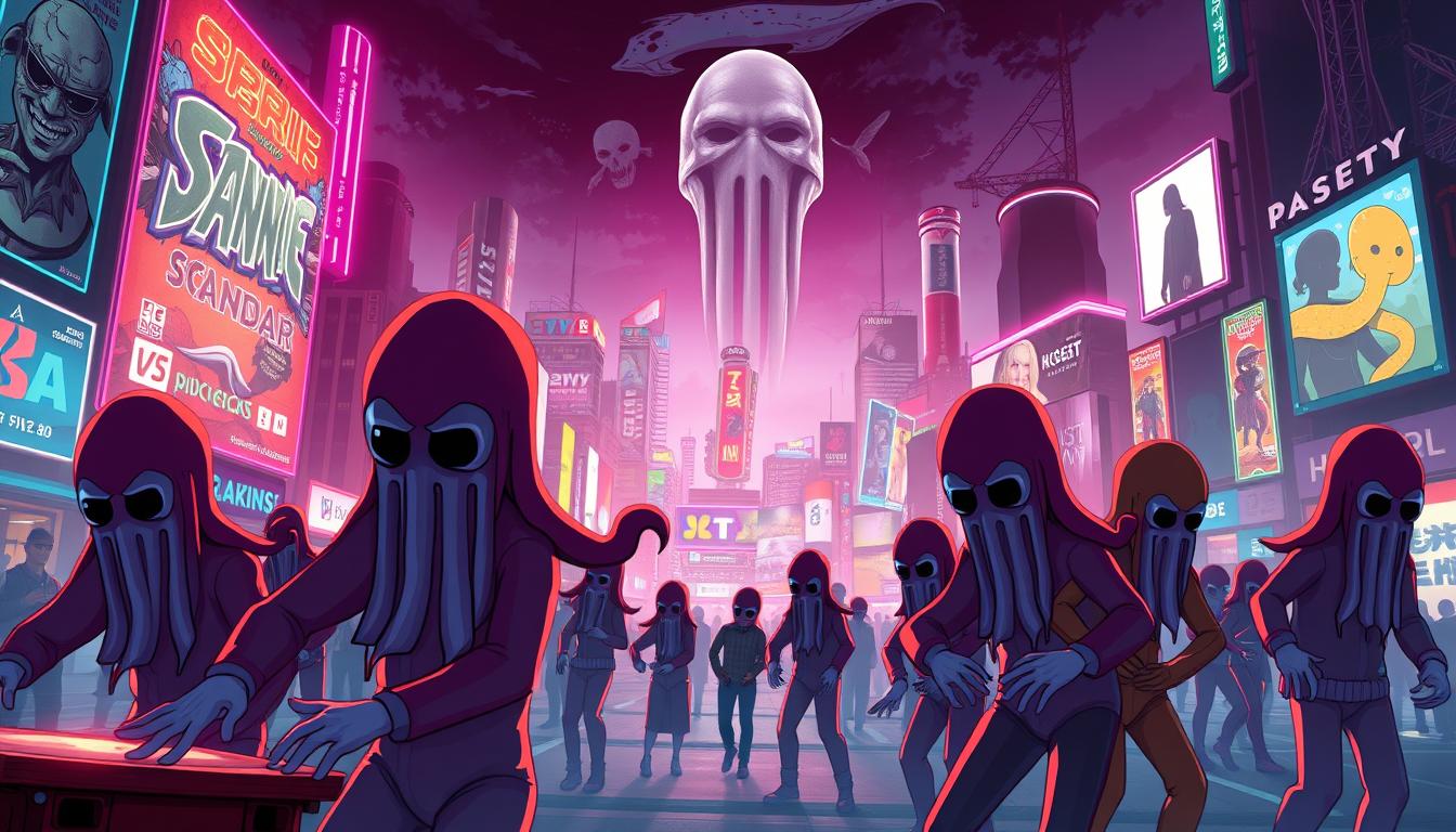 A vibrant, highly detailed illustration showcasing the cultural impact of the popular squid game series. In the foreground, a group of costumed individuals engage in the game's iconic challenges, their expressions exuding a sense of playful intensity. The middle ground features a sprawling urban landscape, with neon-lit billboards and street art alluding to the series' widespread influence. In the background, silhouettes of characters from the show loom, casting an ominous yet captivating presence. The lighting is a striking blend of neon hues and moody shadows, creating an atmospheric, cinematic quality. The composition strikes a balance between the game's thrilling action and its deep cultural resonance.