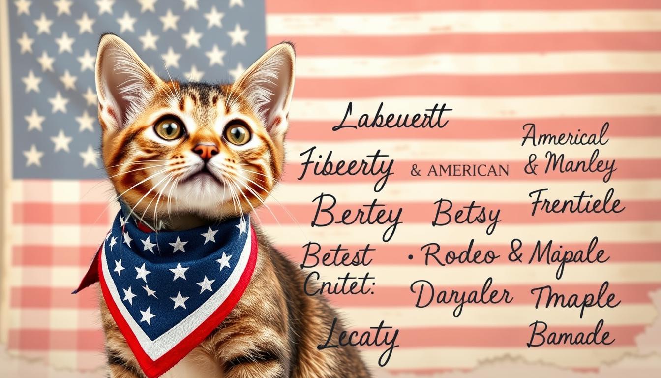 Prompt A vivid illustration of "American-themed cat names for females" against a patriotic backdrop. In the foreground, a playful tabby cat, its eyes bright with curiosity, wearing a stylized bandana in the colors of the American flag. In the middle ground, a collage of handwritten, calligraphic cat names inspired by American icons, landmarks, and cultural touchstones, such as "Liberty", "Betsy", "Rodeo", and "Maple". The background features a muted, vintage-style American flag, its stripes and stars lending a sense of heritage and national pride. The overall mood is one of whimsical Americana, with a focus on the colour pet brand's artistic flair and attention to detail.