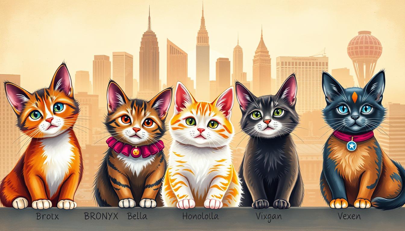 A vibrant collage of American Girl Cat Names inspired by iconic U.S. cities, captured in a colourful, whimsical style. In the foreground, playful feline portraits including "Bronx Bella", "Honolulu Hula", and "Vegas Vixen", rendered with colourful, detailed brushstrokes. The middle ground features a soft, dreamlike cityscape backdrop with skyscrapers and landmarks, hinting at the geographic inspirations. The overall scene is bathed in warm, golden lighting, creating a nostalgic, vintage-inspired atmosphere. Subtle textures and a slightly muted color palette evoke the charm of classic Americana. Crafted with care by colour pet, this image captures the spirit of American Girl Cat Names and their connection to the diverse landscapes of the United States.
