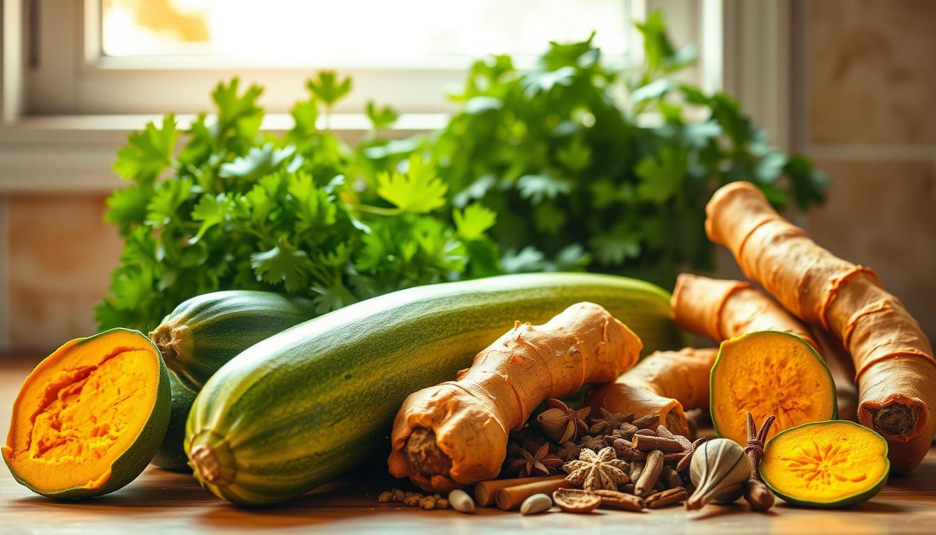 ingredientes saudáveis para sopa de chuchu e cúrcuma