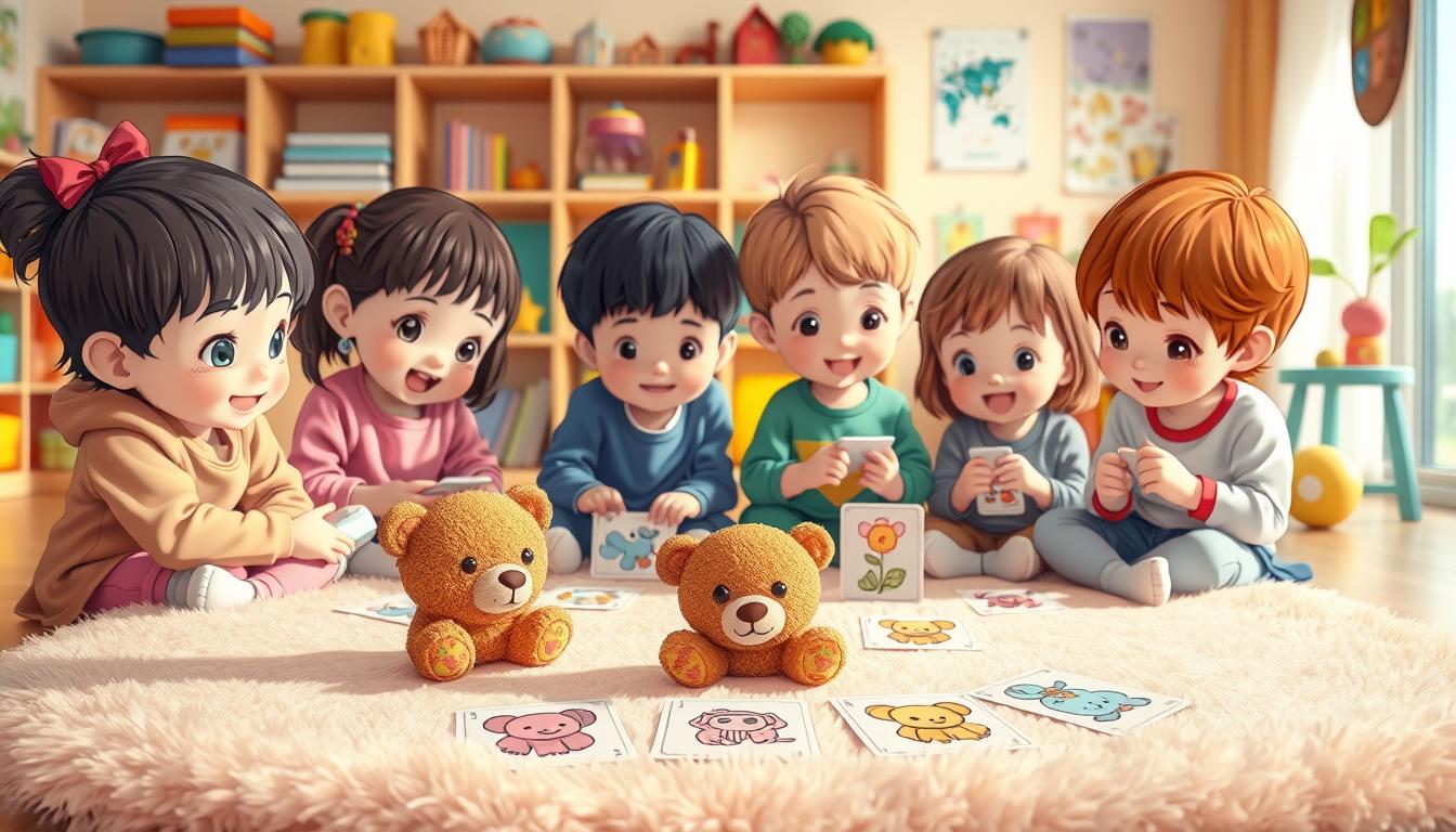 A vibrant, whimsical scene depicting a group of young children engaged in a memory-matching game featuring a small, adorable teddy bear. The foreground showcases the bear and several pairs of colorful, illustrated cards laid out on a soft, plush rug. In the middle ground, the children, their faces filled with concentration and delight, carefully flip and match the cards, honing their memory skills. The background features a warm, inviting playroom setting with colorful toys, books, and other educational accoutrements, creating an engaging, imaginative environment that stimulates cognitive development. Soft, diffused lighting illuminates the scene, evoking a sense of wonder and learning. The overall composition emphasizes the importance of memory-based games in nurturing children's cognitive abilities.